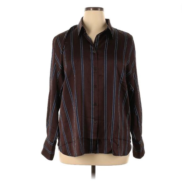 Loft Striped Shirt Button-Down Brown Long Sleeve Dark Academia Geek Sz L EUC - Picture 1 of 9